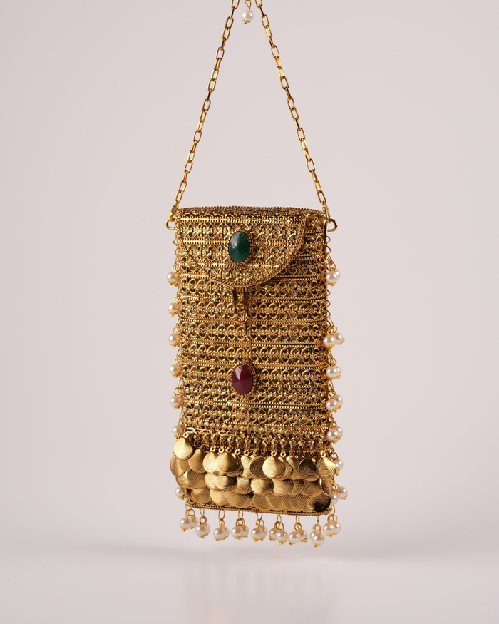 Traditional Golden Pearl & Stone Embellished Sling Batua