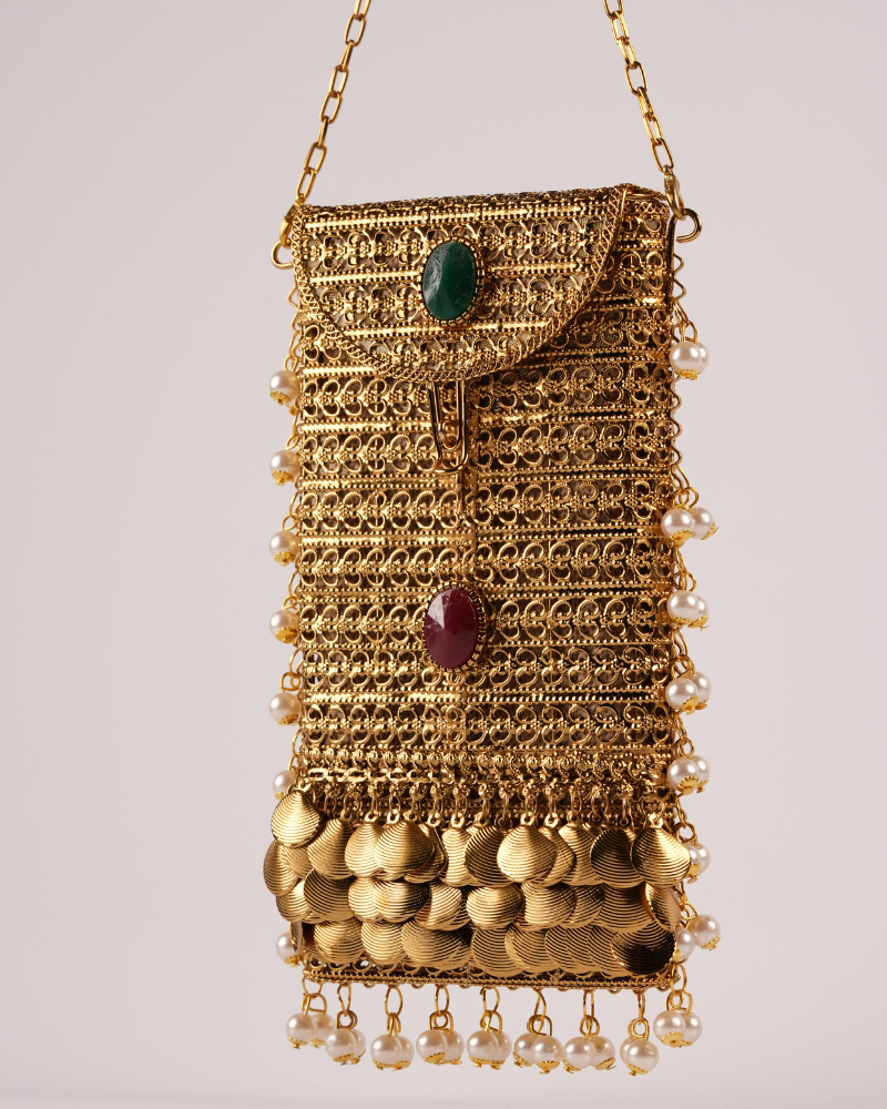 Traditional Golden Pearl & Stone Embellished Sling Batua
