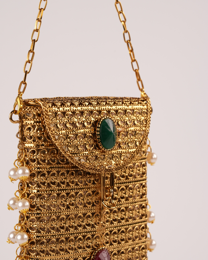 Traditional Golden Pearl & Stone Embellished Sling Batua