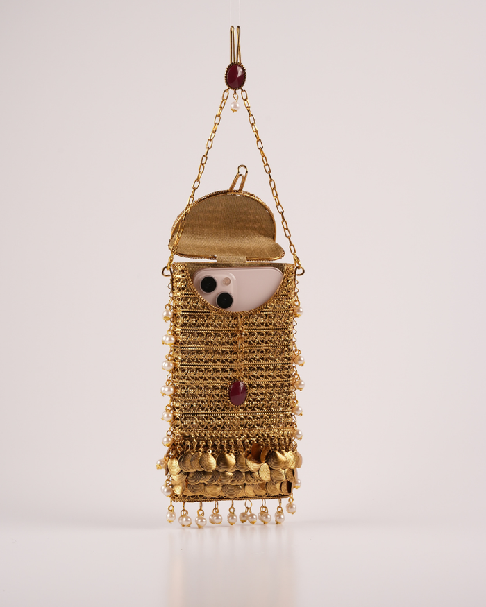 Traditional Golden Pearl & Stone Embellished Sling Batua