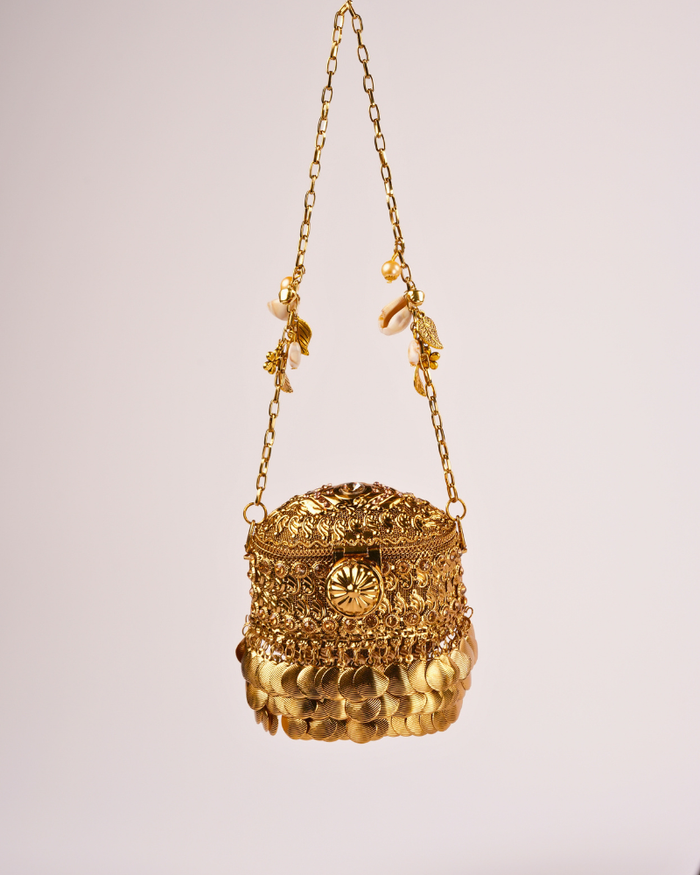 Golden Potli Bag with Stone Work & Decorative Hanging Details