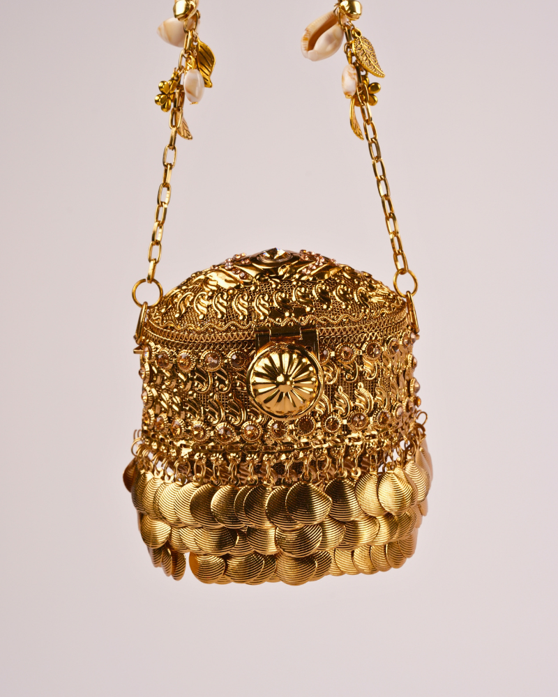 Golden Potli Bag with Stone Work & Decorative Hanging Details