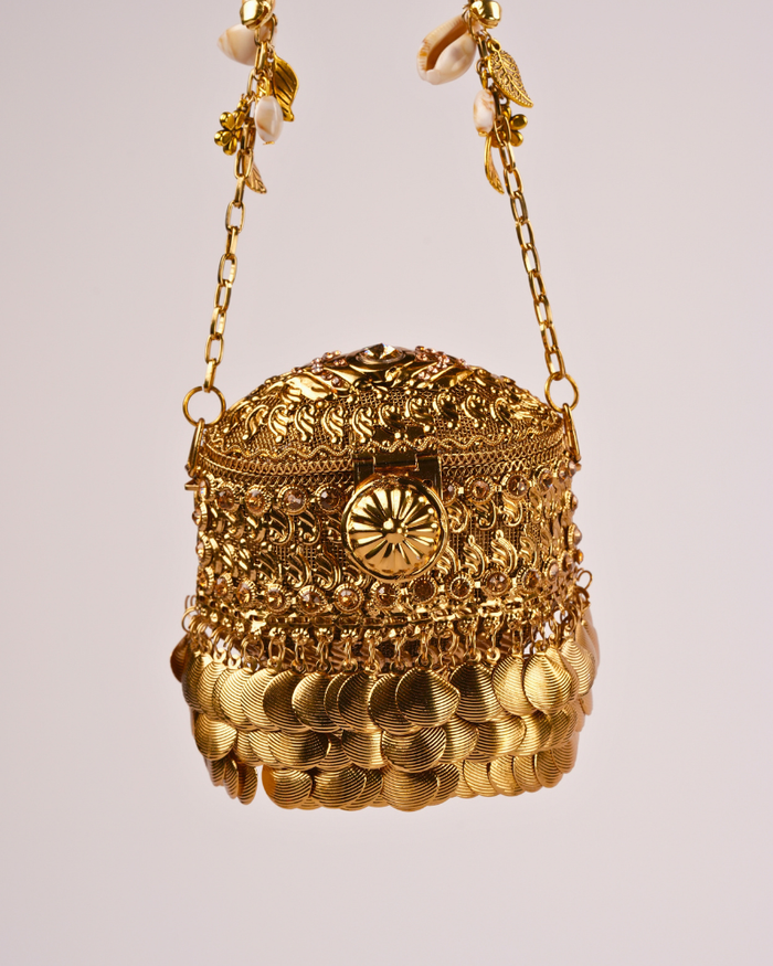 Golden Potli Bag with Stone Work & Decorative Hanging Details