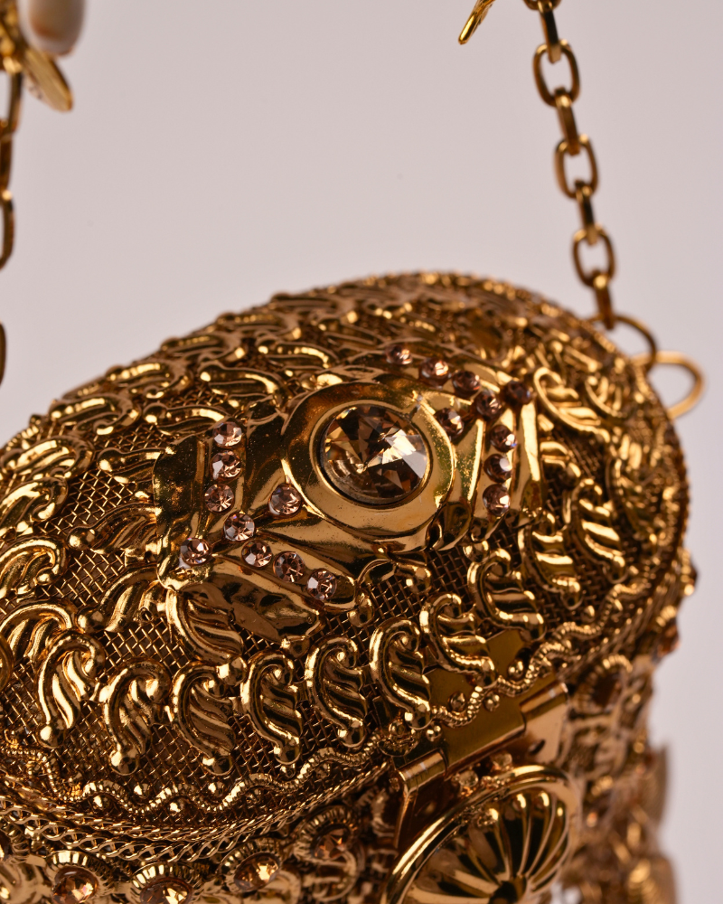 Golden Potli Bag with Stone Work & Decorative Hanging Details