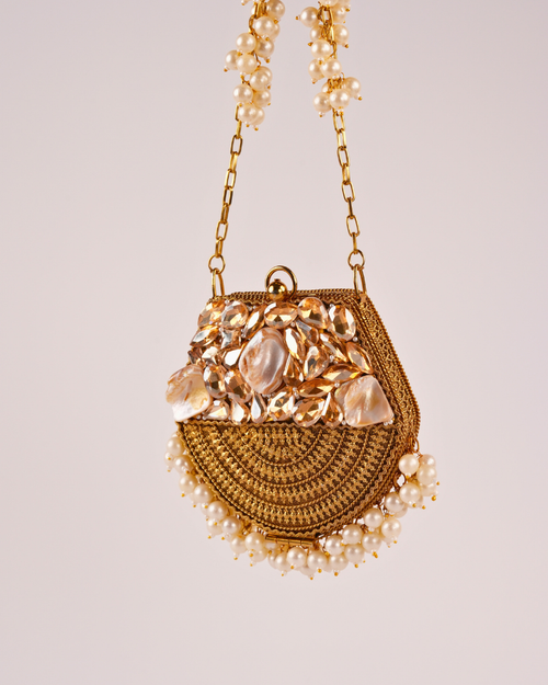 Golden Pearl & Crystal Stone Party Sling Bag