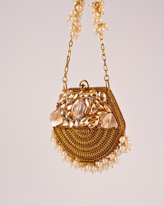 Golden Pearl & Crystal Stone Party Sling Bag