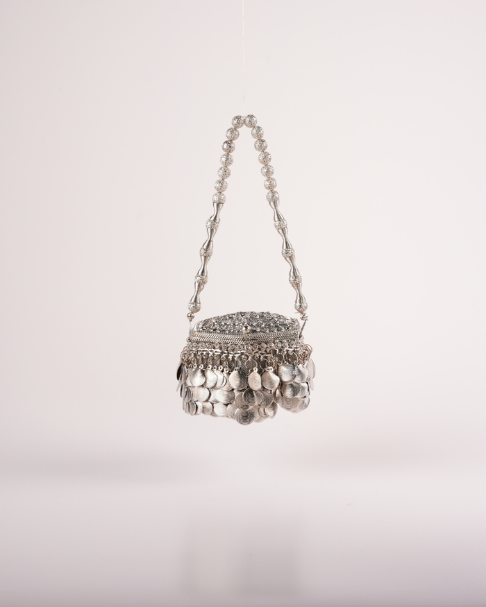 Royal Silver Heritage Potli Bag with Designer Hanging Details