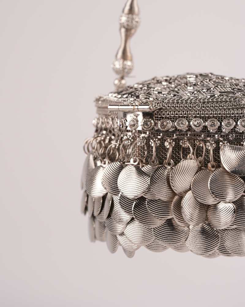 Royal Silver Heritage Potli Bag with Designer Hanging Details