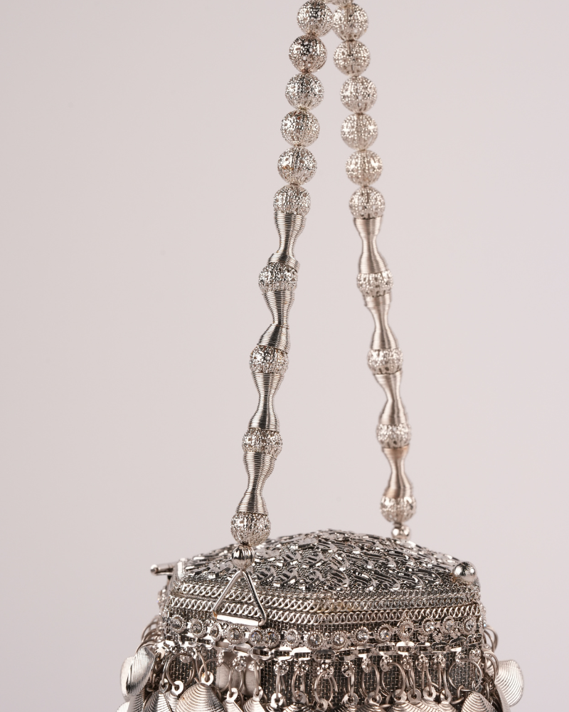 Royal Silver Heritage Potli Bag with Designer Hanging Details