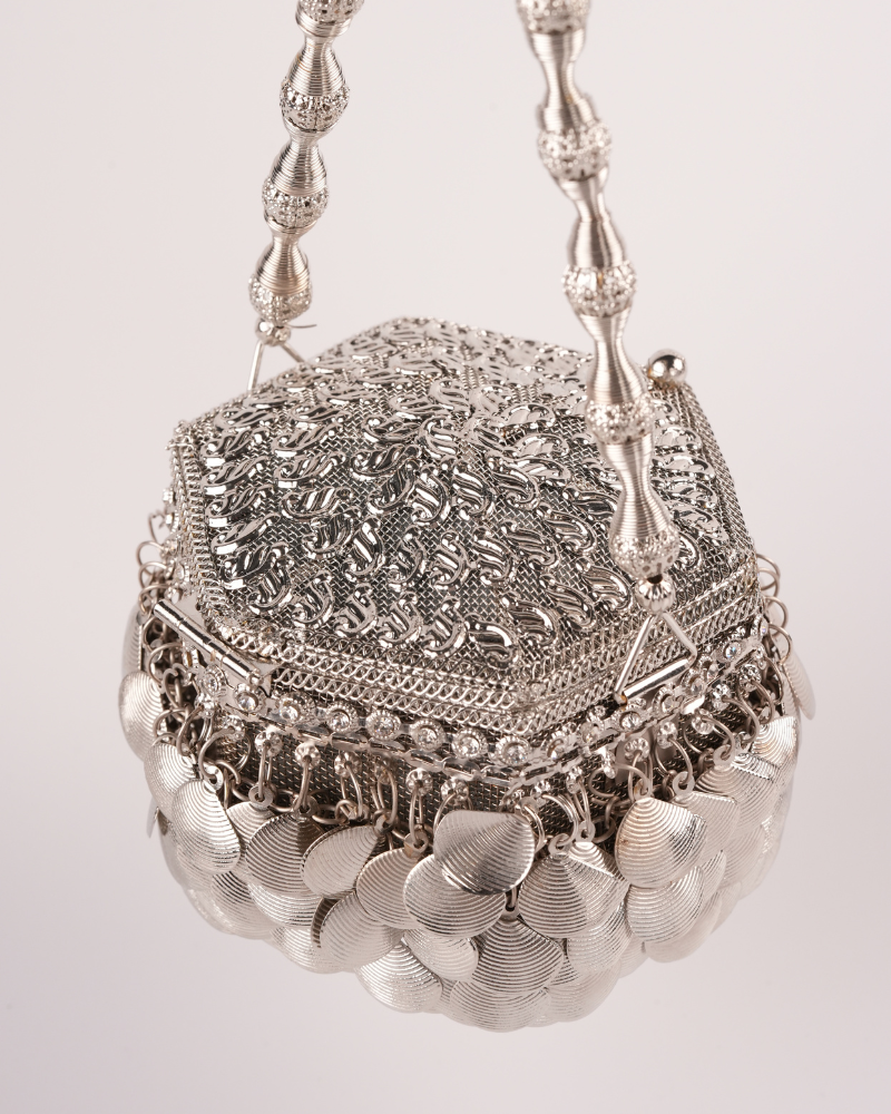 Royal Silver Heritage Potli Bag with Designer Hanging Details