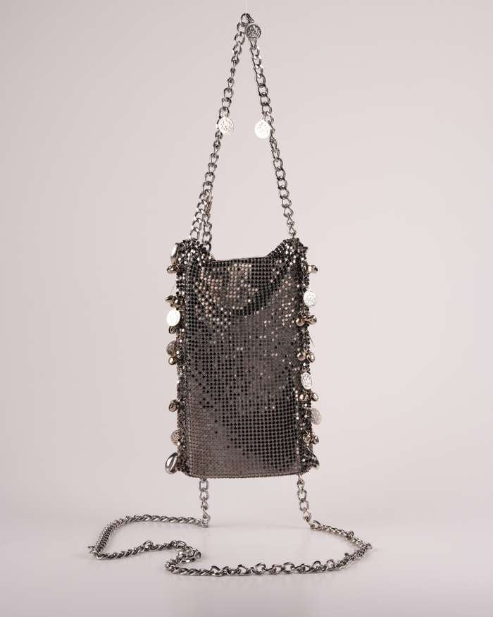 Silver Metallic Chain Sling Bag with Traditional Charms