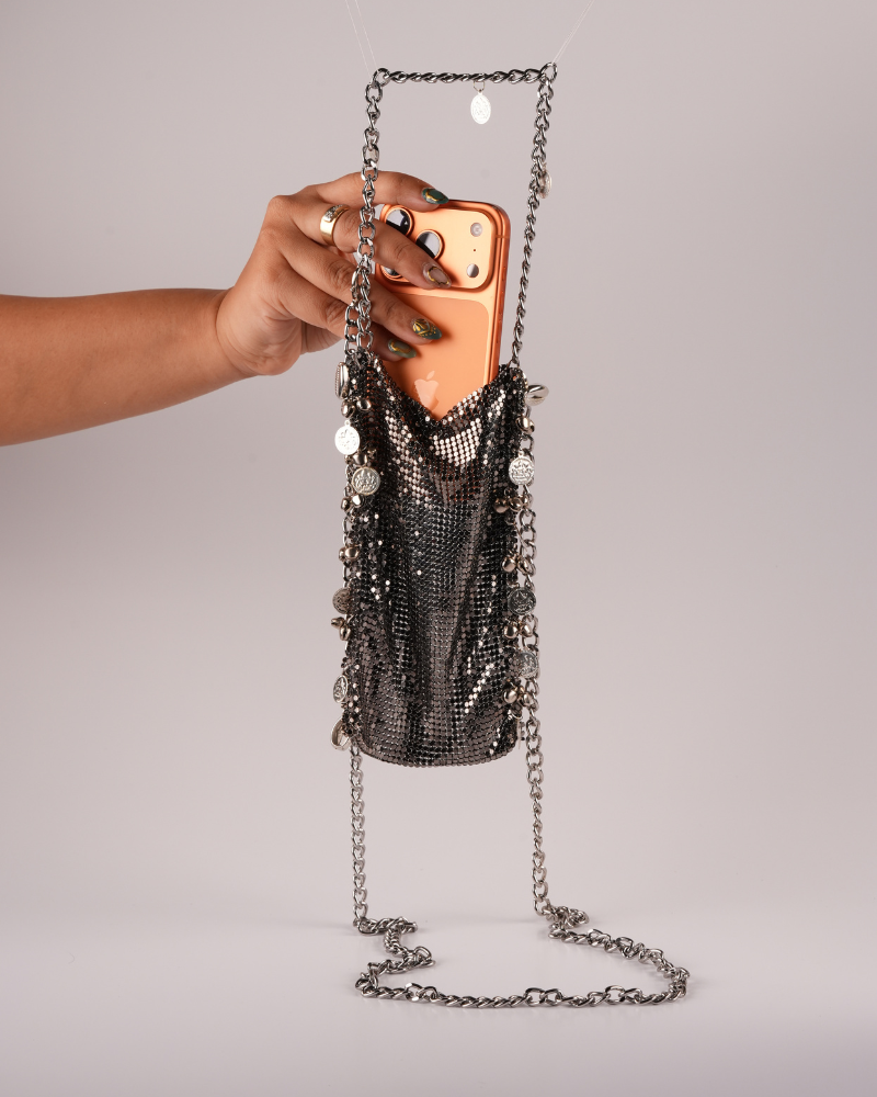 Silver Metallic Chain Sling Bag with Traditional Charms