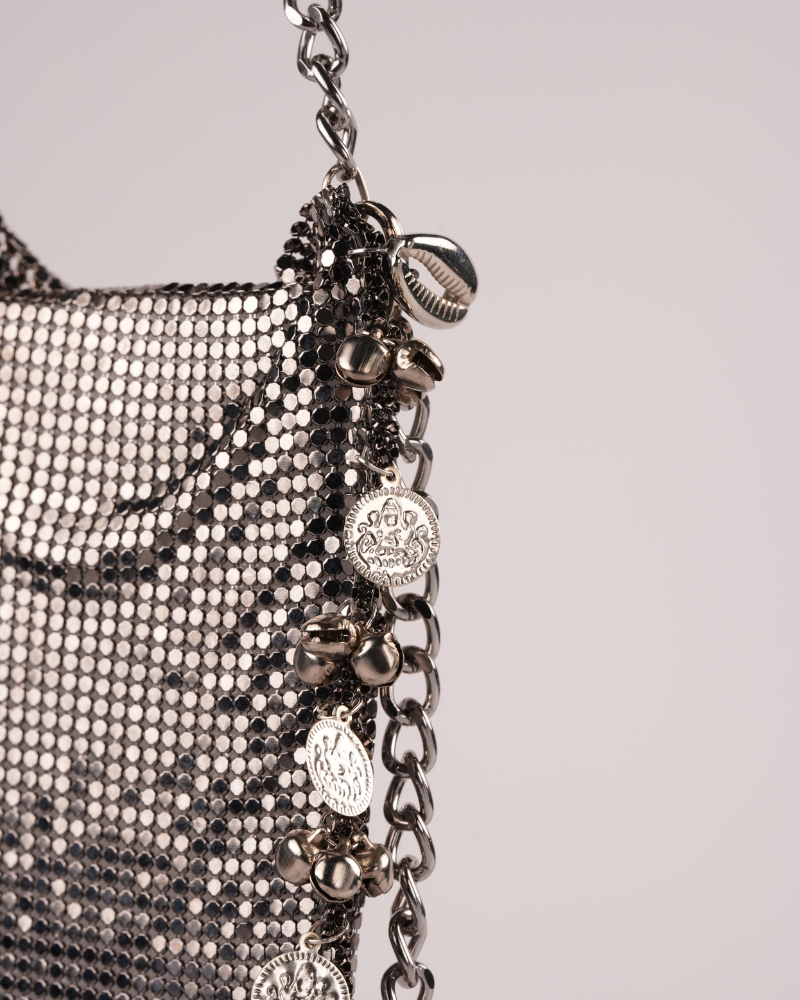 Silver Metallic Chain Sling Bag with Traditional Charms