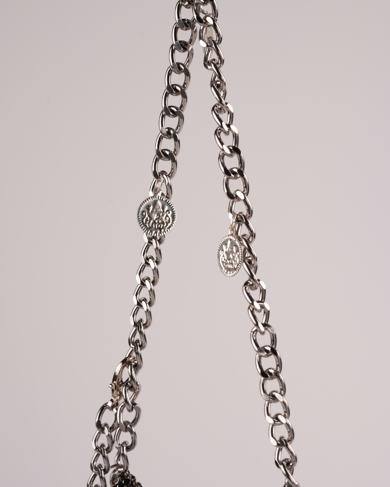 Silver Metallic Chain Sling Bag with Traditional Charms