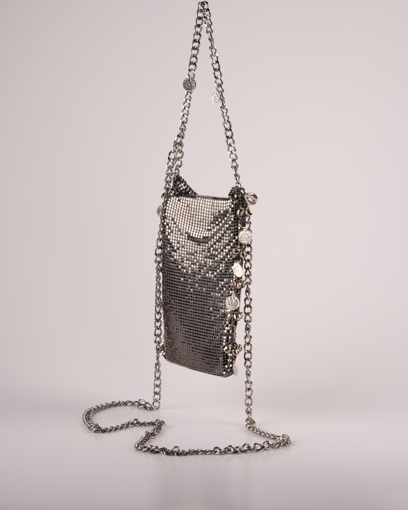 Silver Metallic Chain Sling Bag with Traditional Charms