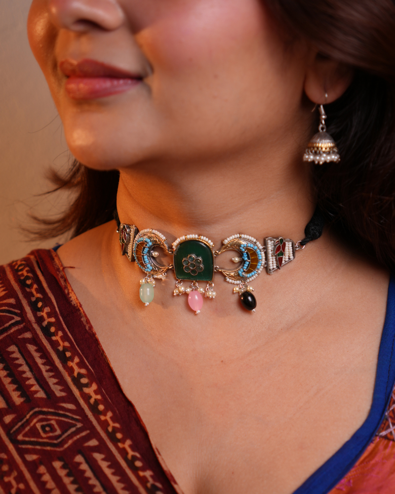 Oxodised choker with chand and Parrots - Green & turquoise