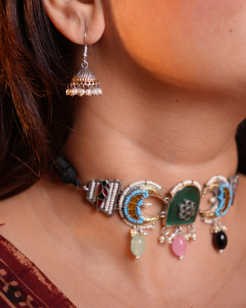 Oxodised choker with chand and Parrots - Green & turquoise