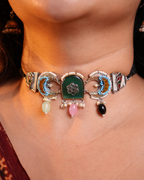 Oxodised choker with chand and Parrots - Green & turquoise