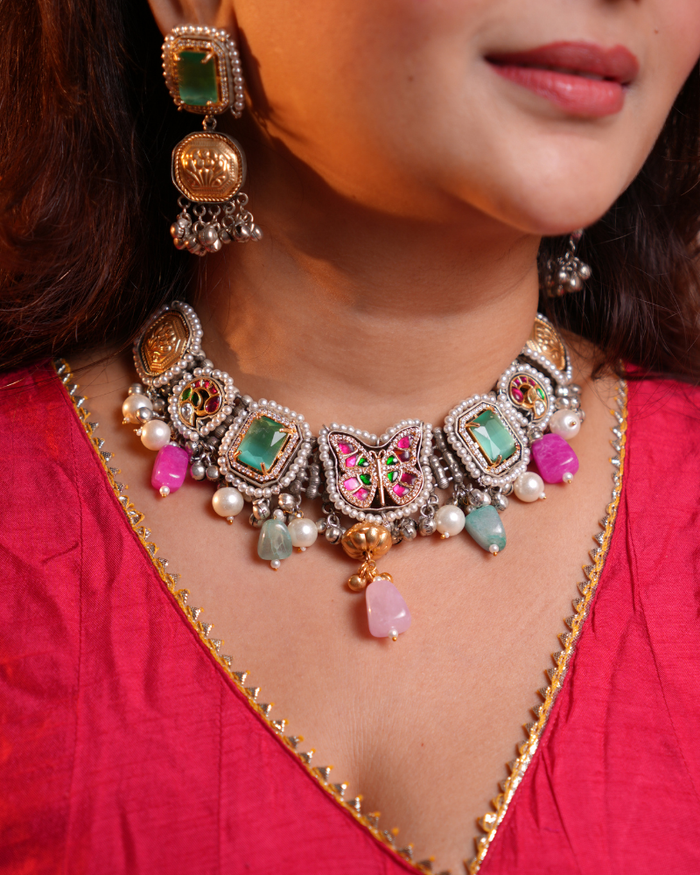 Oxidised Round Piece Choker with Kundan - Green & Pink