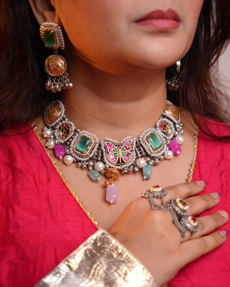 Oxidised Round Piece Choker with Kundan - Green & Pink
