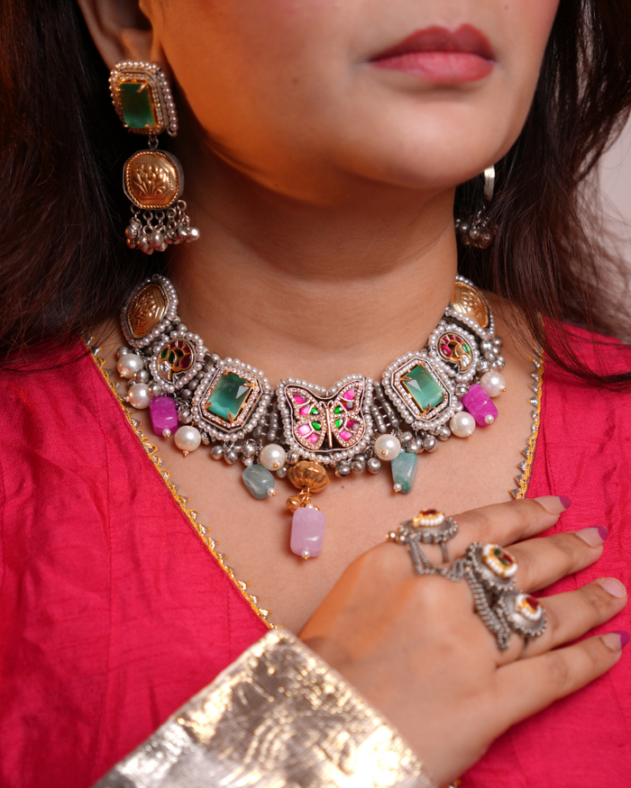 Oxidised Round Piece Choker with Kundan - Green & Pink