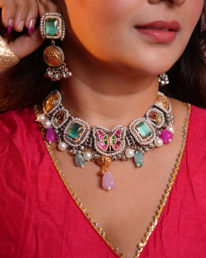 Oxidised Round Piece Choker with Kundan - Green & Pink