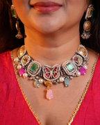 Oxidised Round Piece Choker with Kundan - Green & Pink