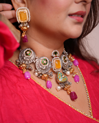 Oxodised Tyohaar Choker with Yellow Gemstone and Heritage Pieces