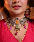 Oxodised Tyohaar Choker with Yellow Gemstone and Heritage Pieces