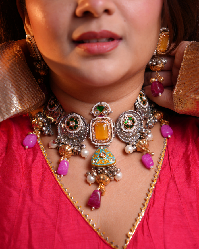 Oxodised Tyohaar Choker with Yellow Gemstone and Heritage Pieces