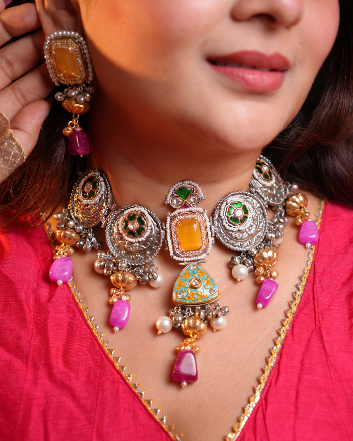 Oxodised Tyohaar Choker with Yellow Gemstone and Heritage Pieces