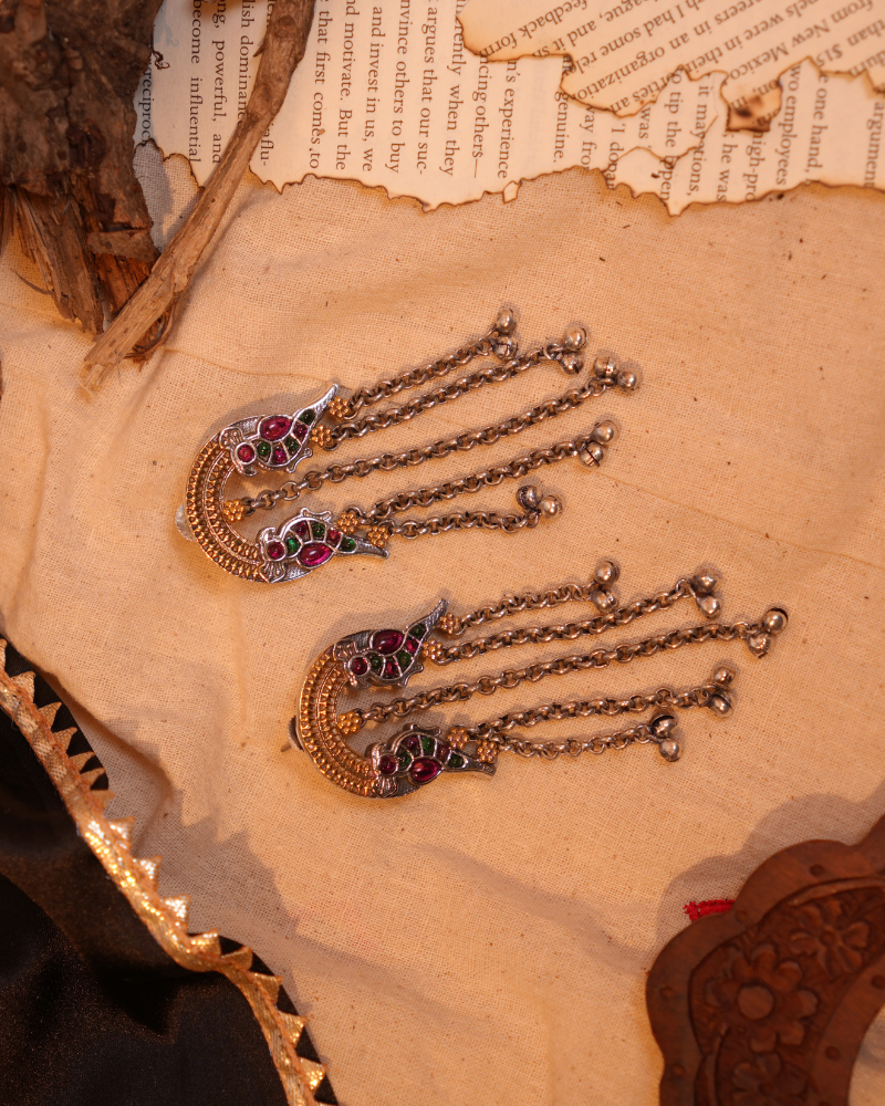Oxidised Chandbali with Parrots - Pink & Green
