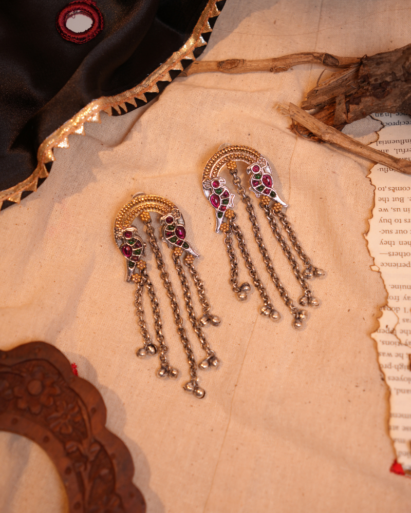 Oxidised Chandbali with Parrots - Pink & Green