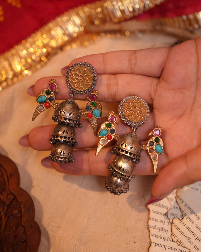 Oxidised Parrot Chandbali - Multicolor