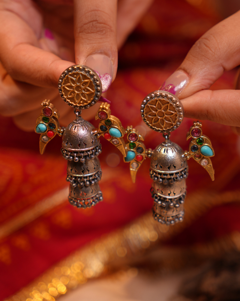 Oxidised Parrot Chandbali - Multicolor