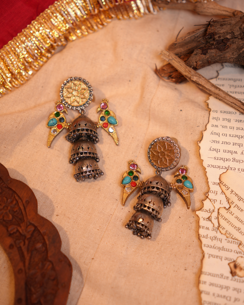 Oxidised Parrot Chandbali - Multicolor