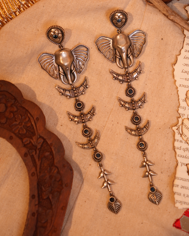 Oxidised Elephant Long Dangler Earrings - Blue
