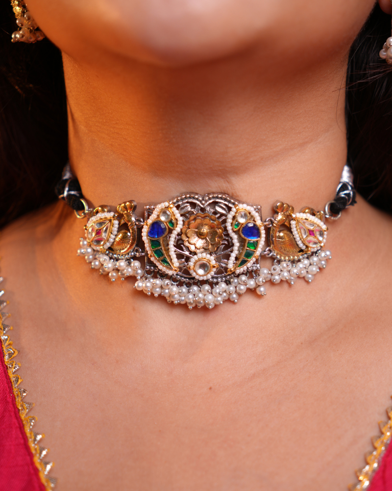 Oxidised Peacock & Parrot Choker with Blue Green Details