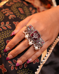 Oxidised Three Finger Ring with Red Stone & Pearls