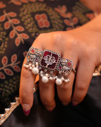 Oxidised Three Finger Ring with Red Stone & Pearls