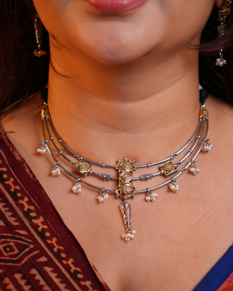 Traditional Oxidised 3-Line Hasli with Kashmiri Work