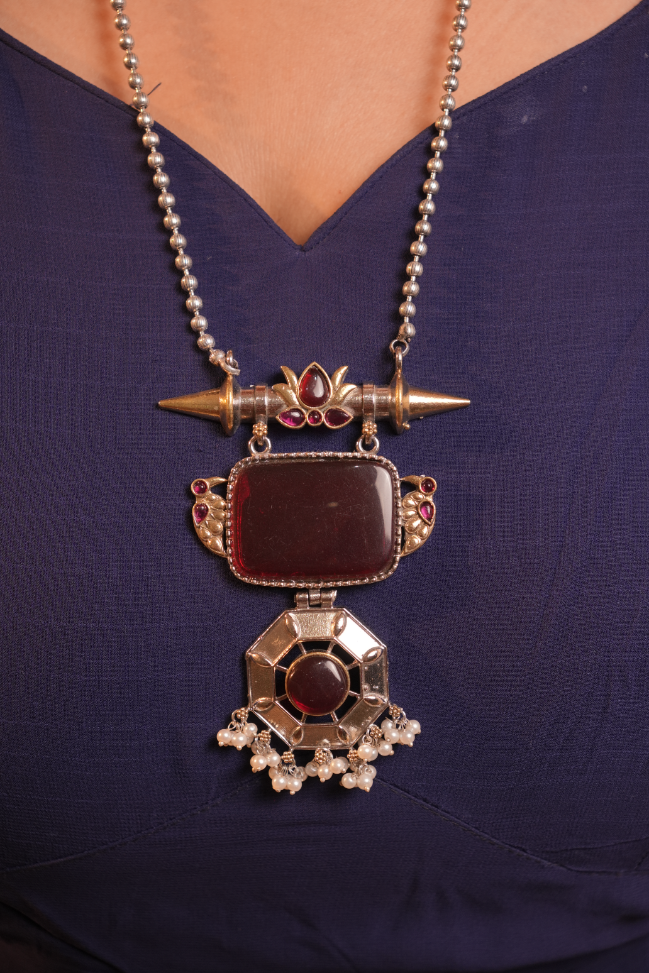 Oxidised Red Gemstone Chain and Pendant with Earrings