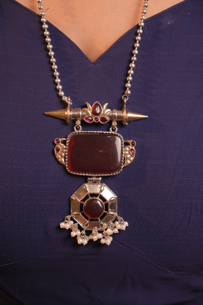 Oxidised Red Gemstone Chain and Pendant with Earrings