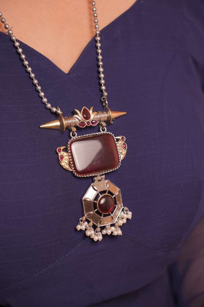 Oxidised Red Gemstone Chain and Pendant with Earrings