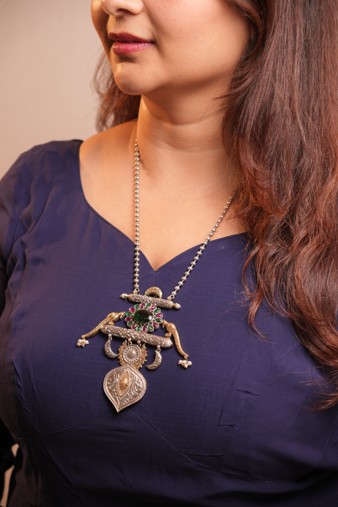 Oxidised Rajwadi Style Chain Pendant with parrots - Green & Pink