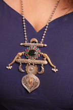 Oxidised Rajwadi Style Chain Pendant with parrots - Green & Pink
