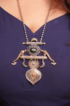 Oxidised Rajwadi Style Chain Pendant with parrots - Green & Pink