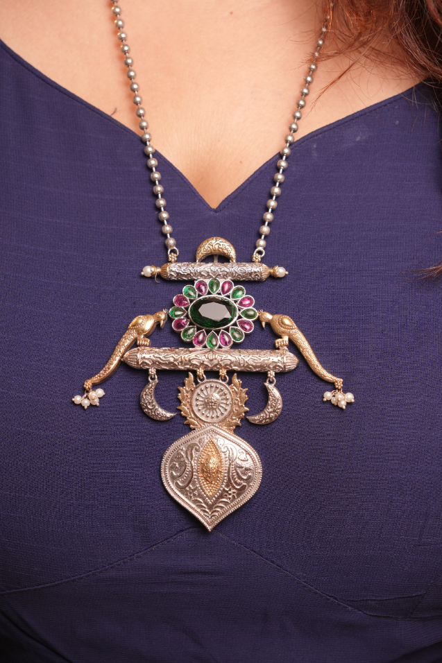 Oxidised Rajwadi Style Chain Pendant with parrots - Green & Pink