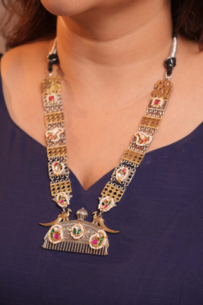 Oxidised Dual Peacock Necklace with Tribal work