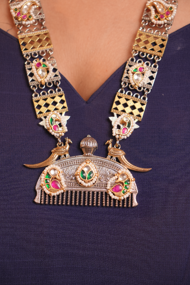 Oxidised Dual Peacock Necklace with Tribal work